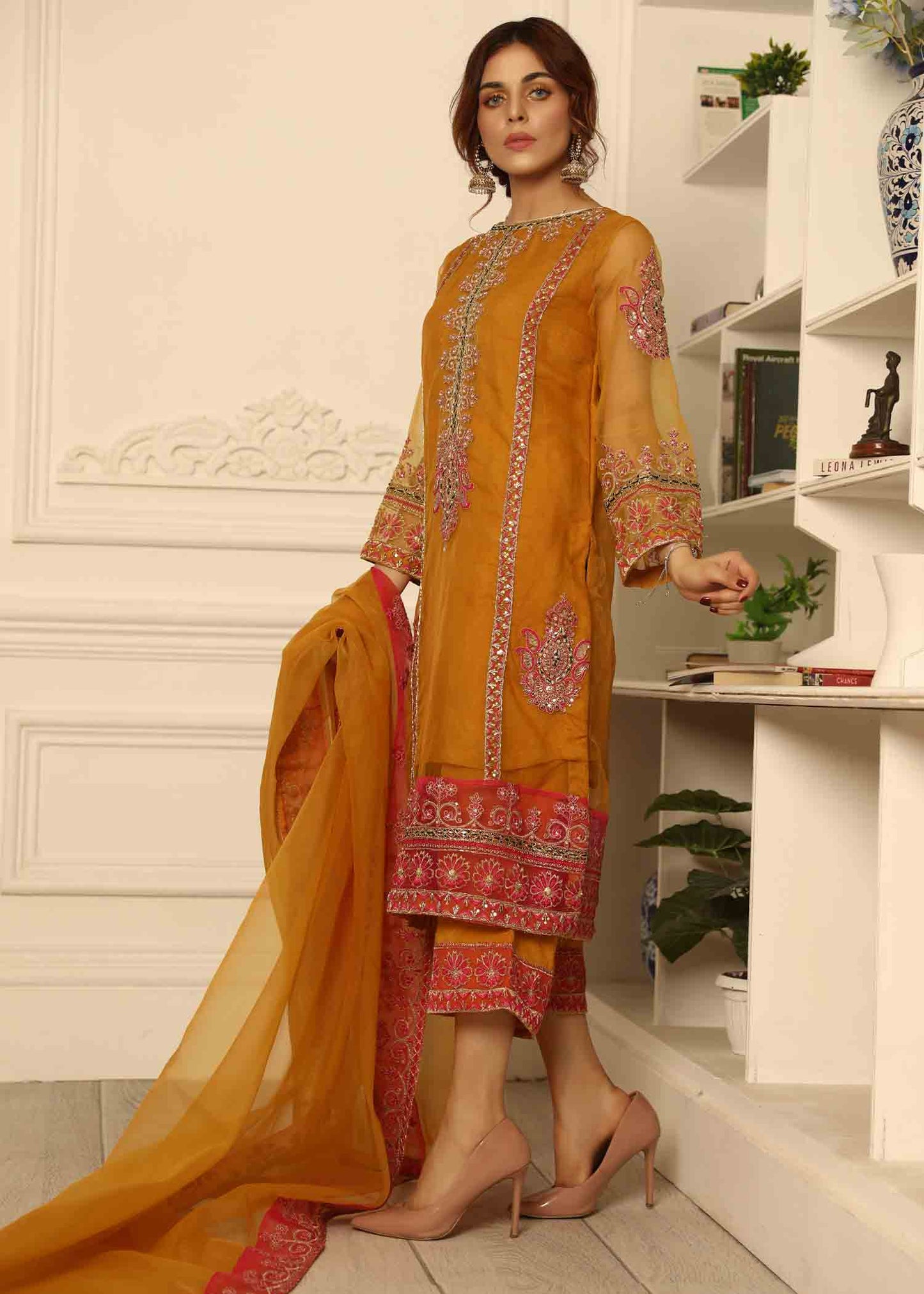 Ladies Embellished Mustard Raw Silk Suit Online in UK USA Canada