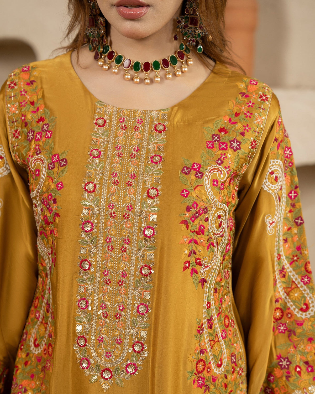 Ladies Embellished Mustard Shalwar Kameez Online in UK USA Canada