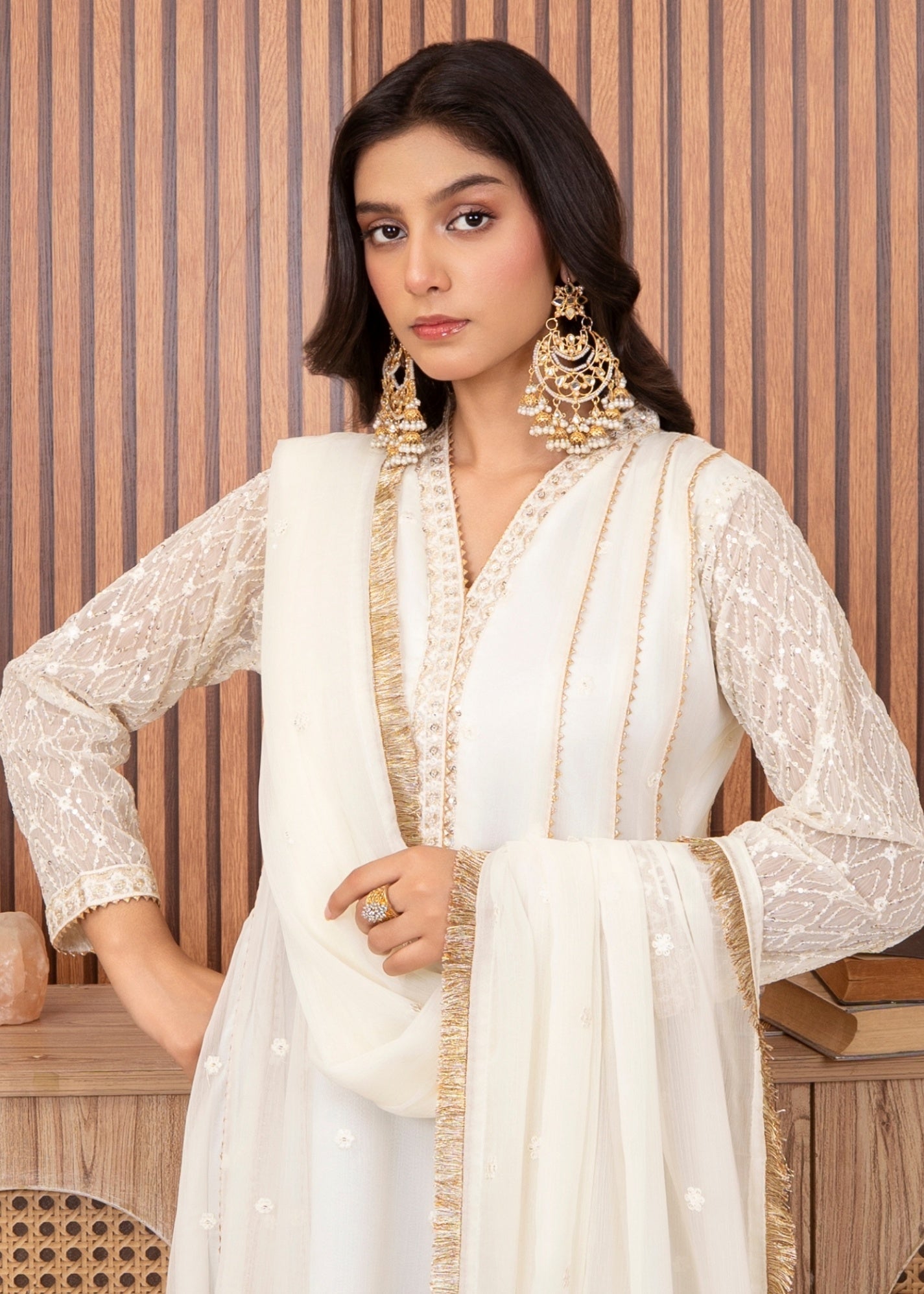 Ladies Embellished Off White Chiffon Shalwar Kameez Online in UK USA Canada