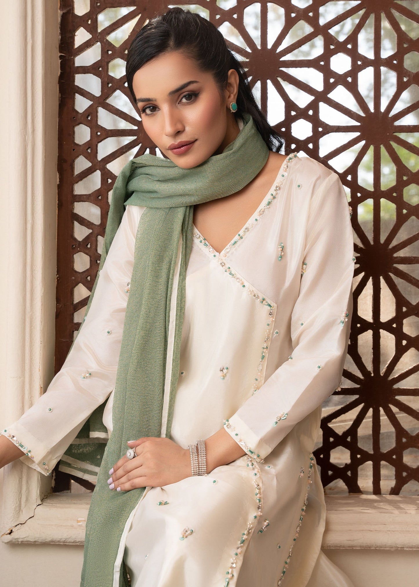 Ladies Embellished Off-White Kattan Silk Suit Online in UK USA Canada