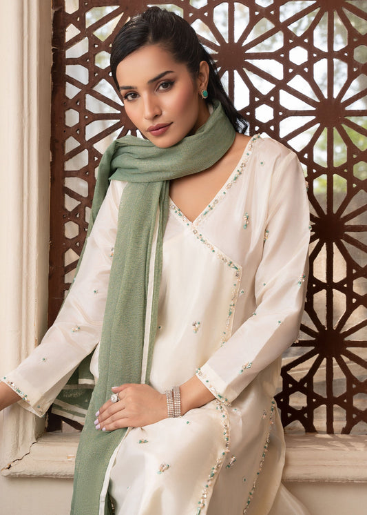 Ladies Embellished Off-White Kattan Silk Suit Online in UK USA Canada