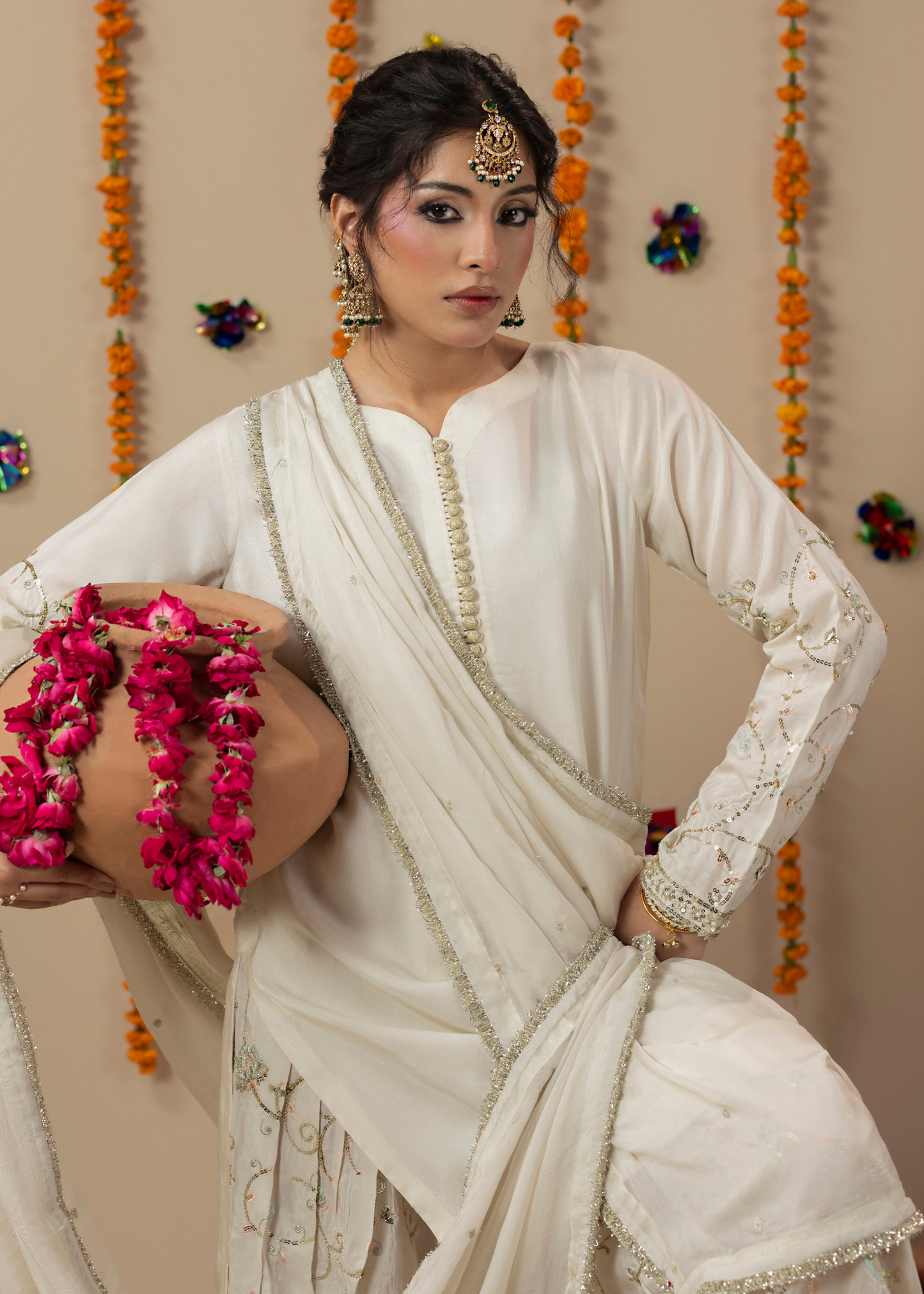 Ladies Embellished Off-White Raw Silk Shalwar Kameez Online in UK USA Canada
