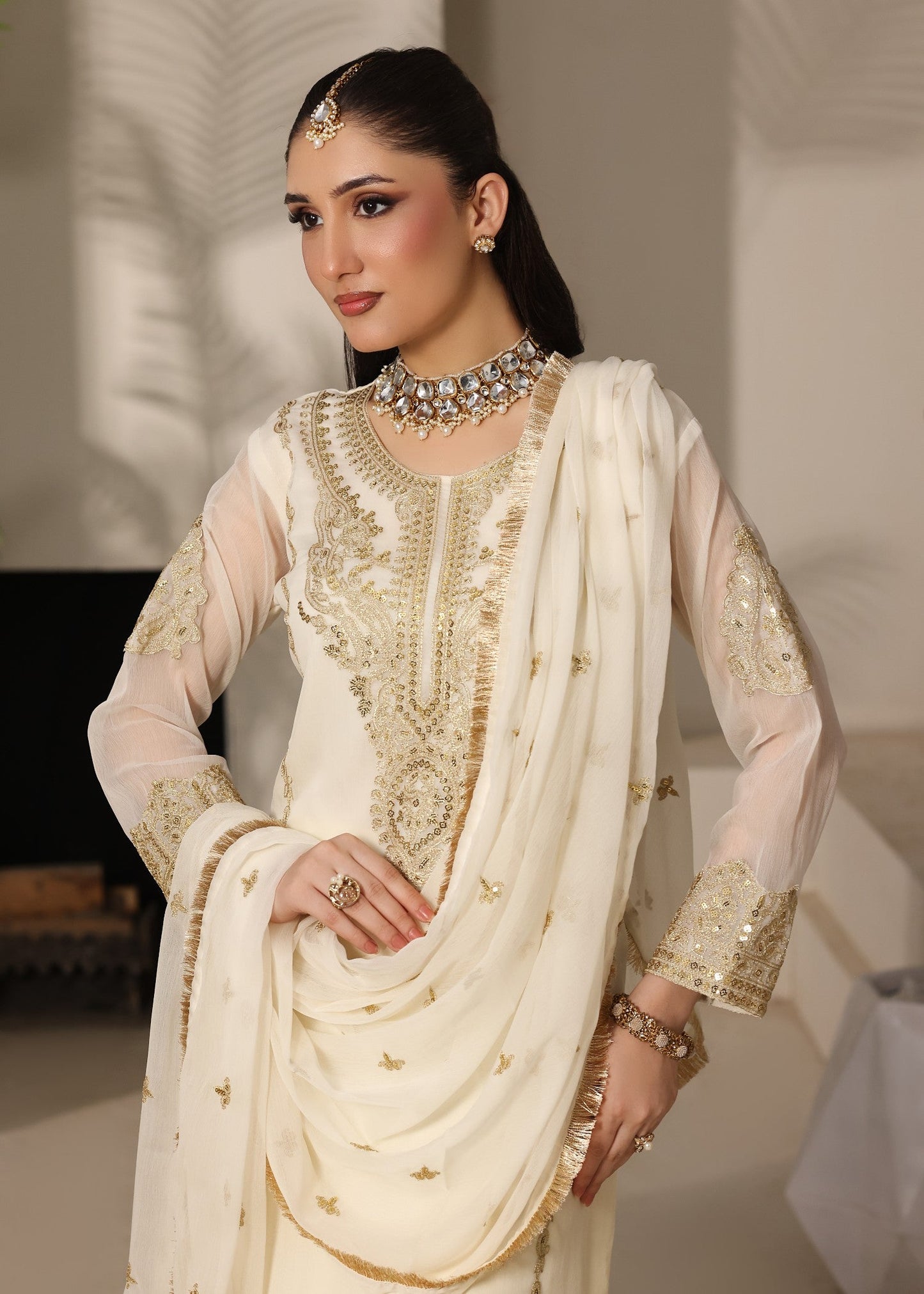 Ladies Embellished Off-White Shalwar Kameez Online in UK USA Canada