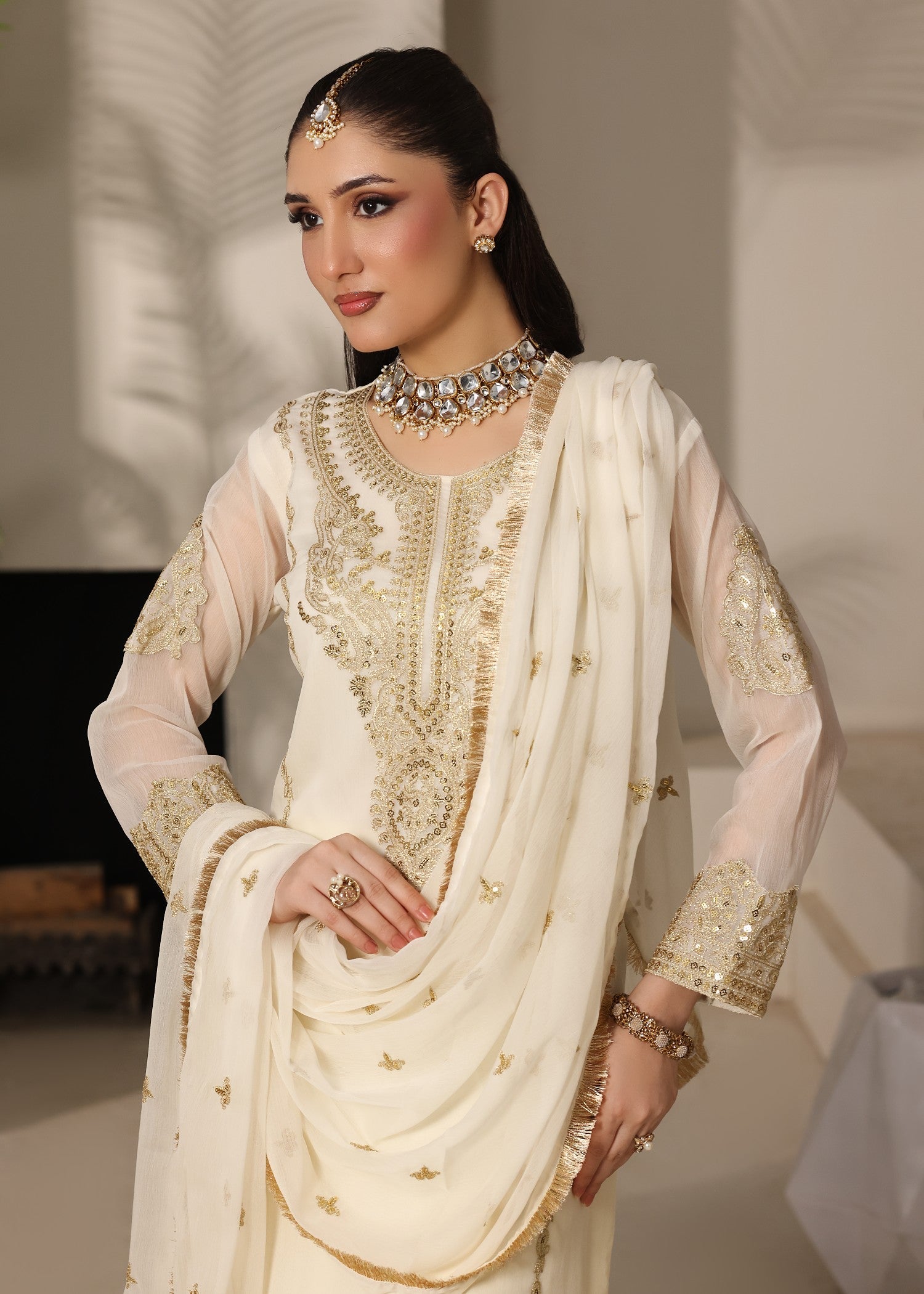 Ladies Embellished Off-White Shalwar Kameez Online in UK USA Canada