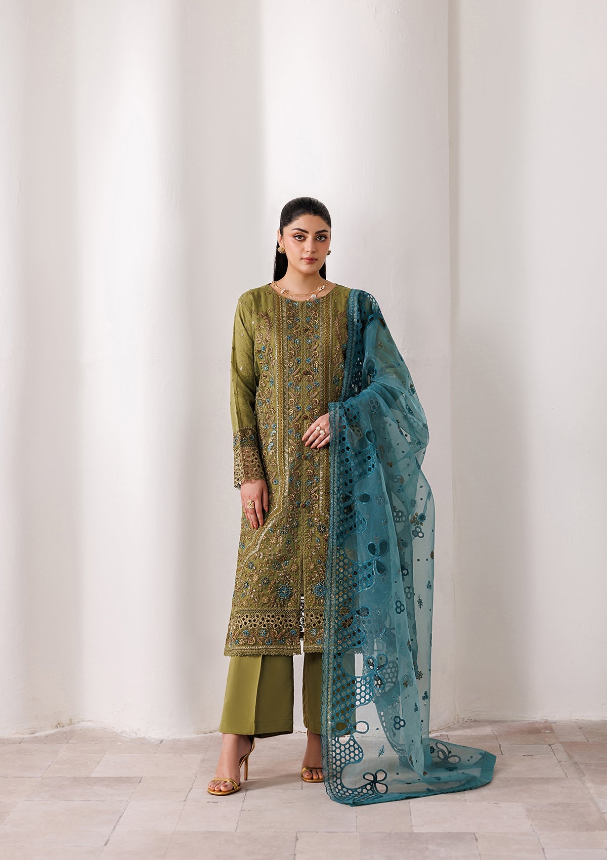 Ladies Embellished Olive Green Organza Shalwar Kameez Online in UK USA Canada