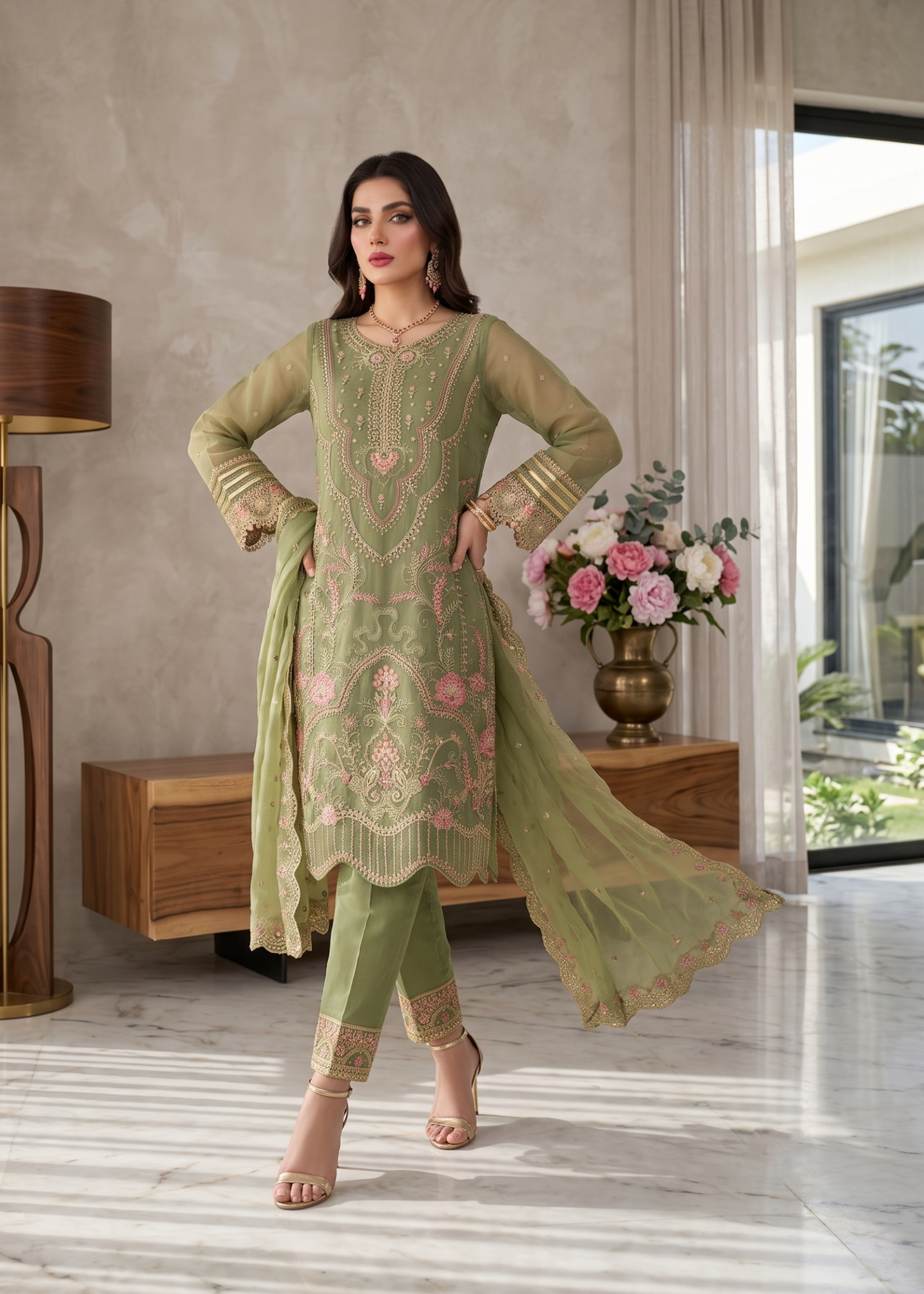 Ladies Embellished Olive Green Organza Suit Online in UK USA Canada