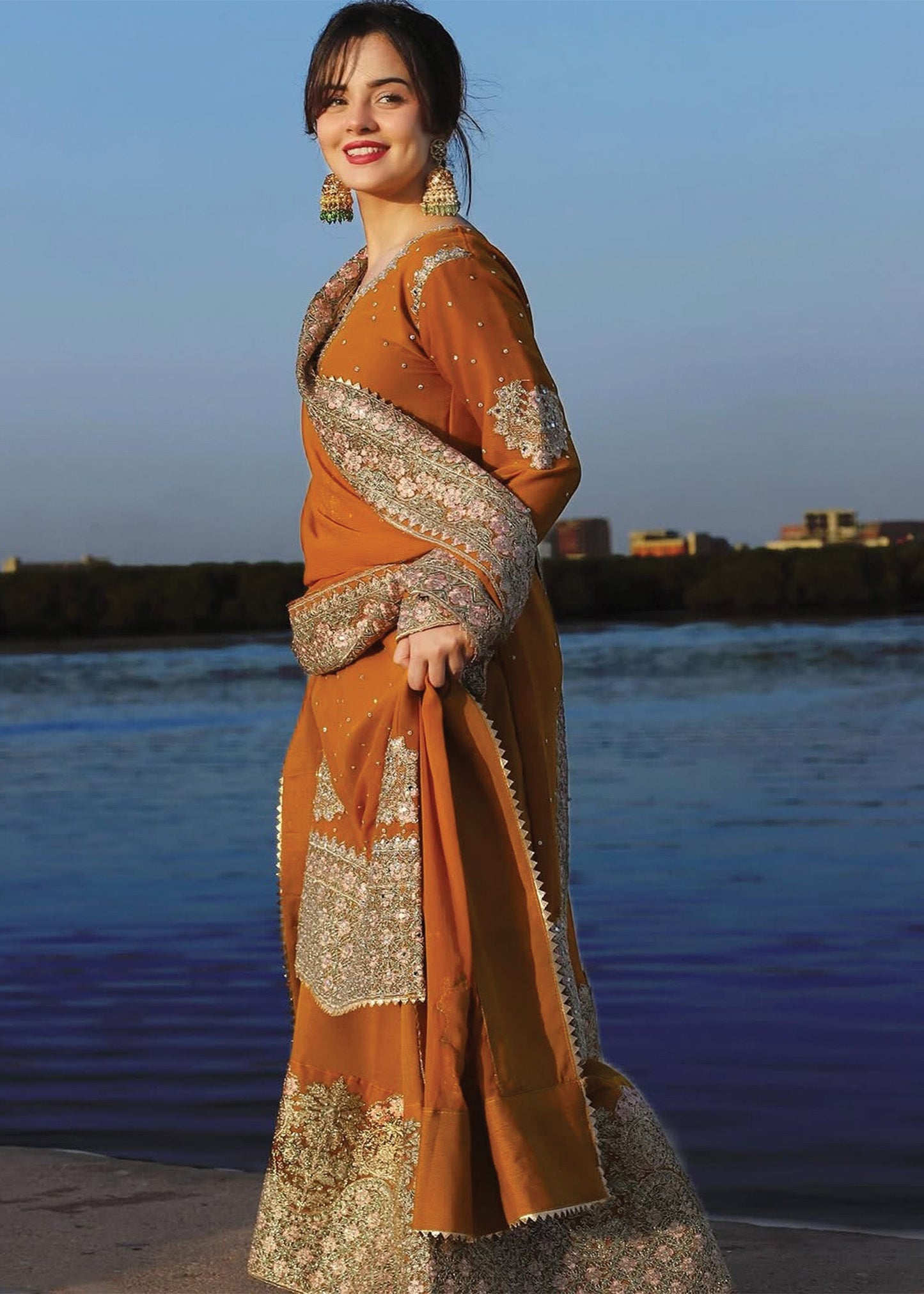 Ladies Embellished Orange Shalwar Kameez Online in UK USA Canada