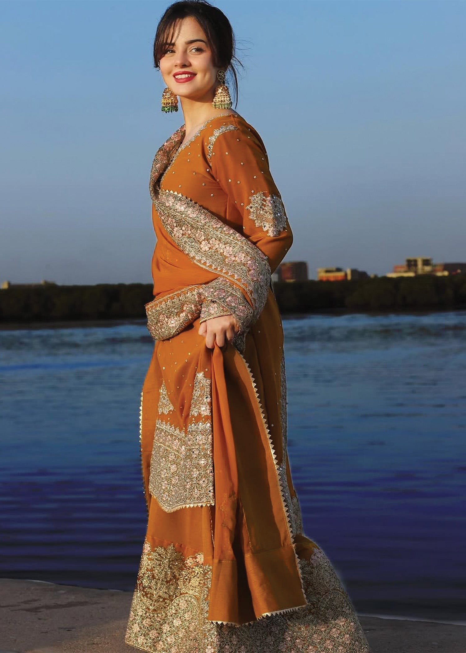 Ladies Embellished Orange Shalwar Kameez Online in UK USA Canada