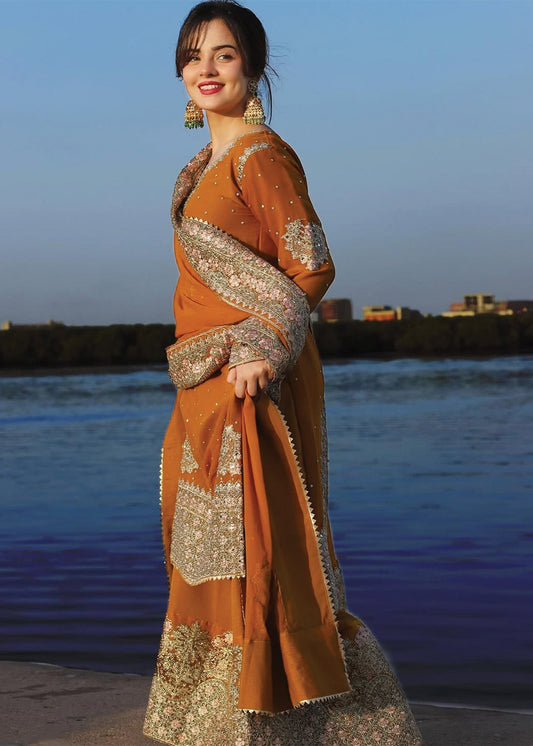 Ladies Embellished Orange Shalwar Kameez Online in UK USA Canada