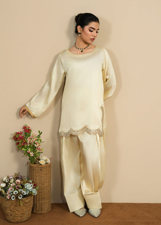 Ladies Embellished Pale Yellow Silk Shalwar Kameez Online in UK USA Canada