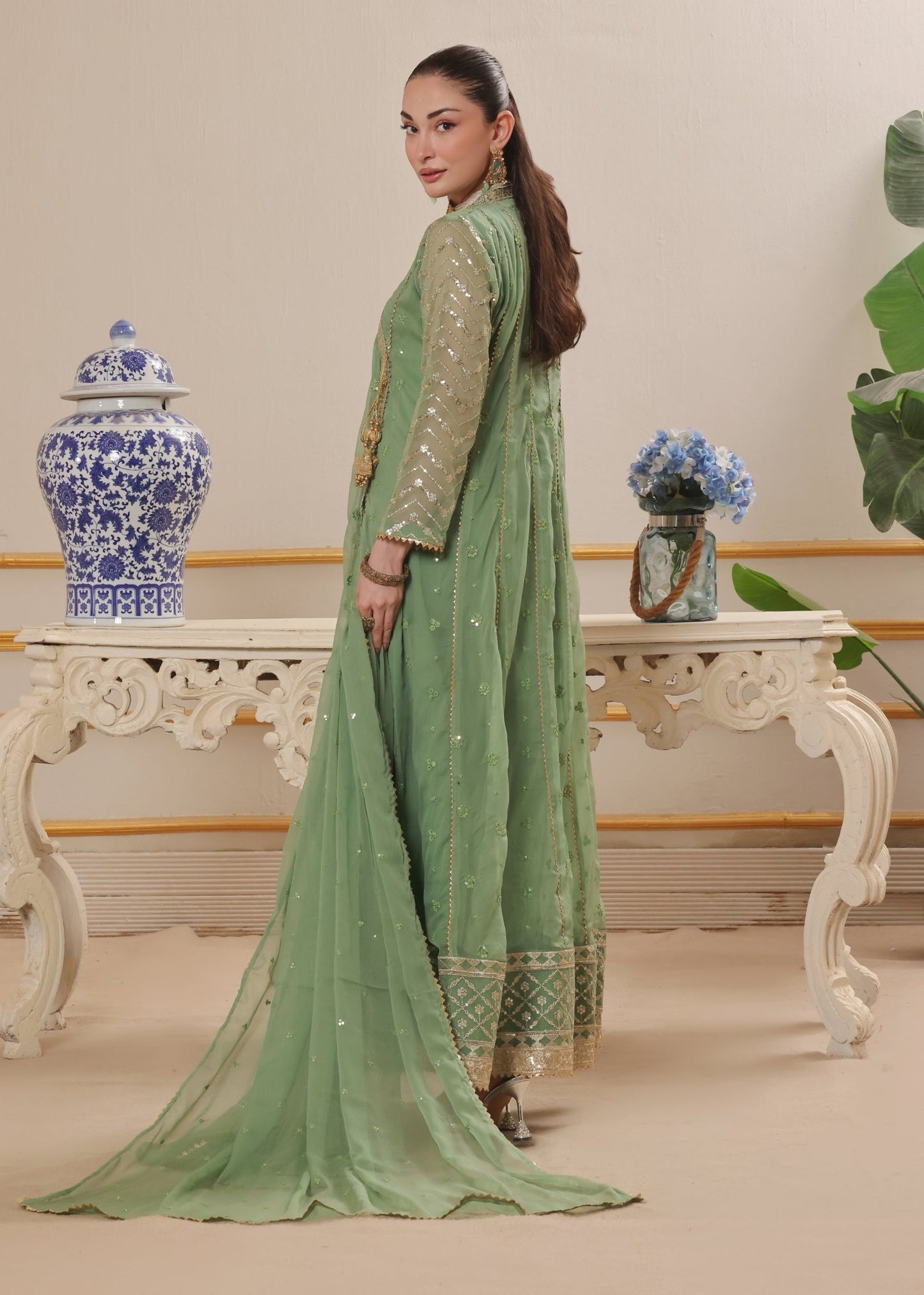 Ladies Embellished Pastel Green Party Wear Suit Online in UK USA Canada