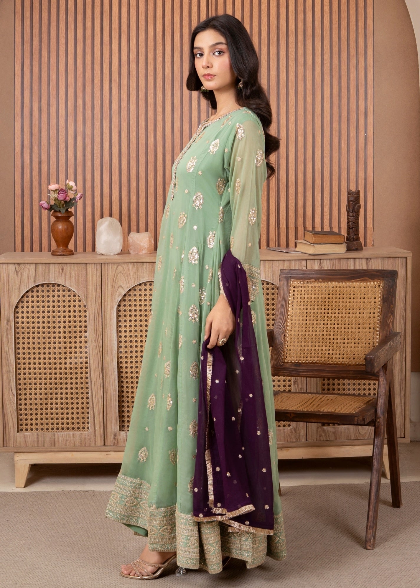 Ladies Embellished Pastel Green Pishwas Suit Online in UK USA Canada