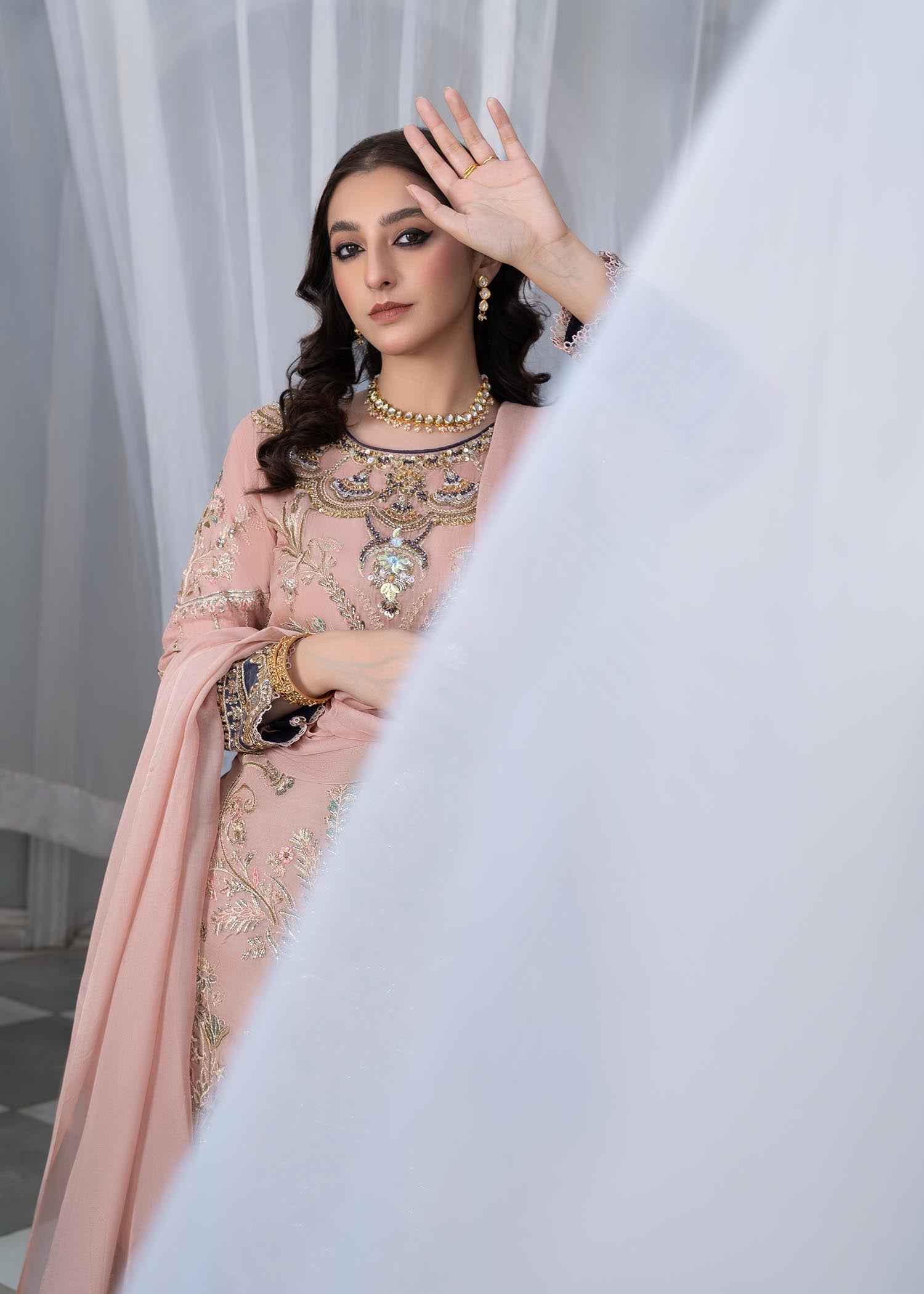 Ladies Embellished Peach Chiffon Salwar Kameez Online in UK USA Canada