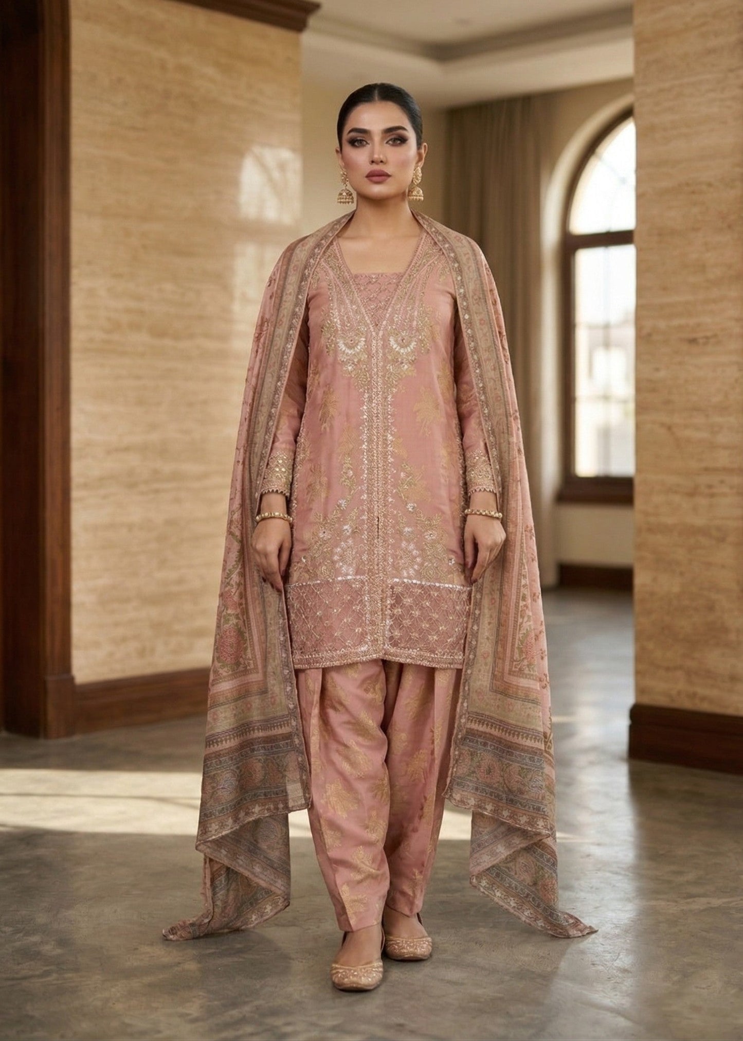 Ladies Embellished Peach Farshi Shalwar Online in UK USA Canada
