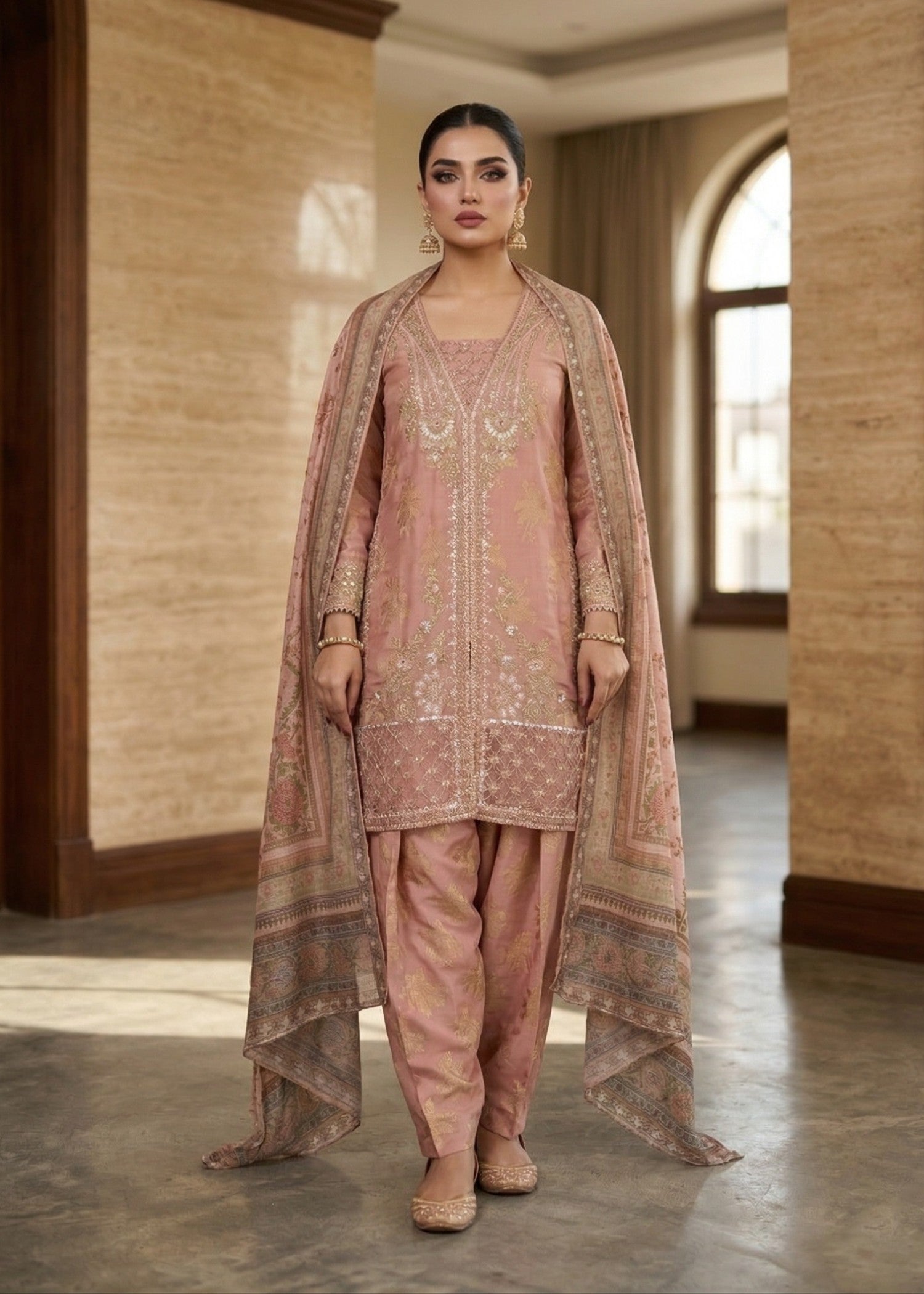 Ladies Embellished Peach Farshi Shalwar Online in UK USA Canada