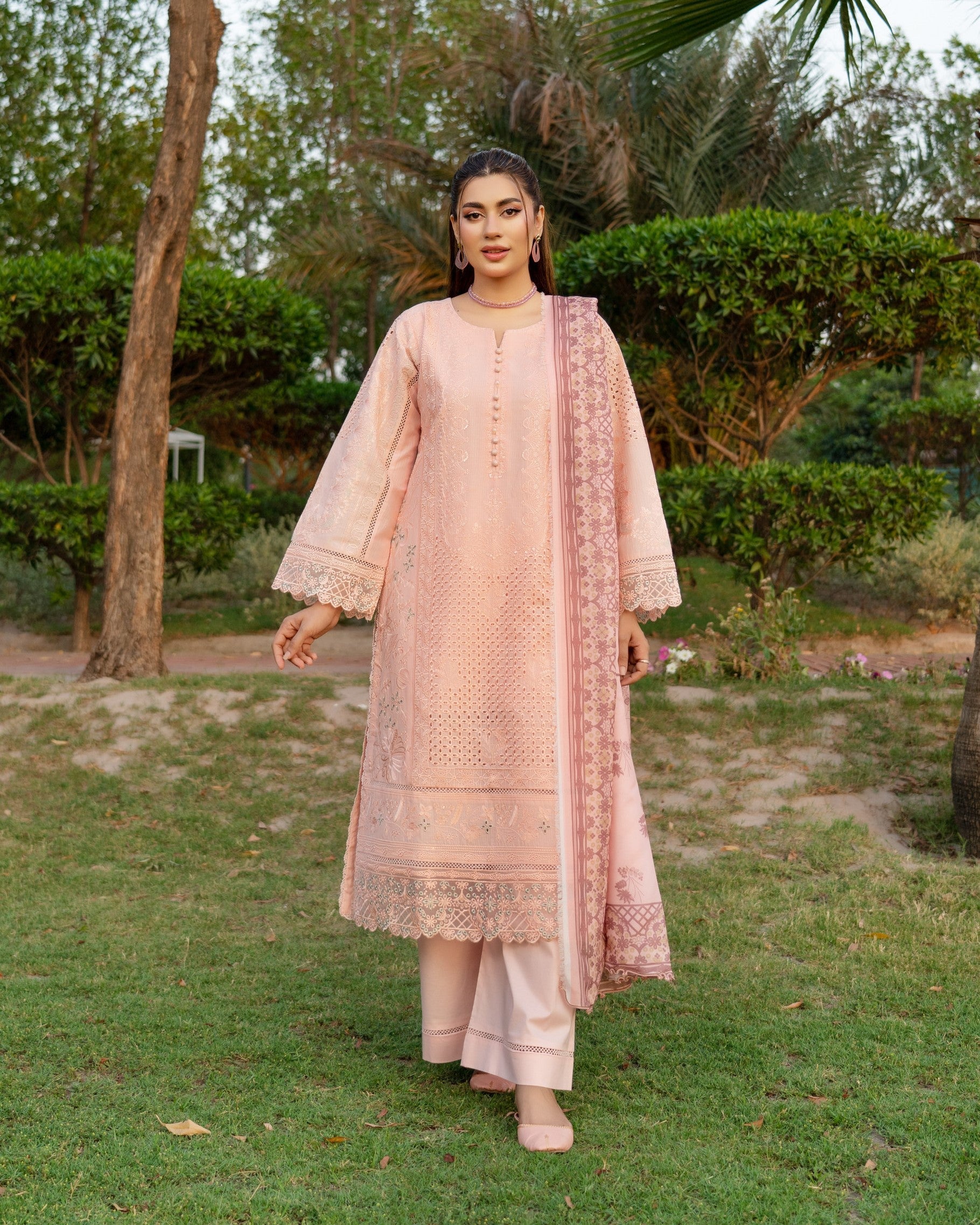 Ladies Embellished Peach Lawn Suit Online in UK USA Canada