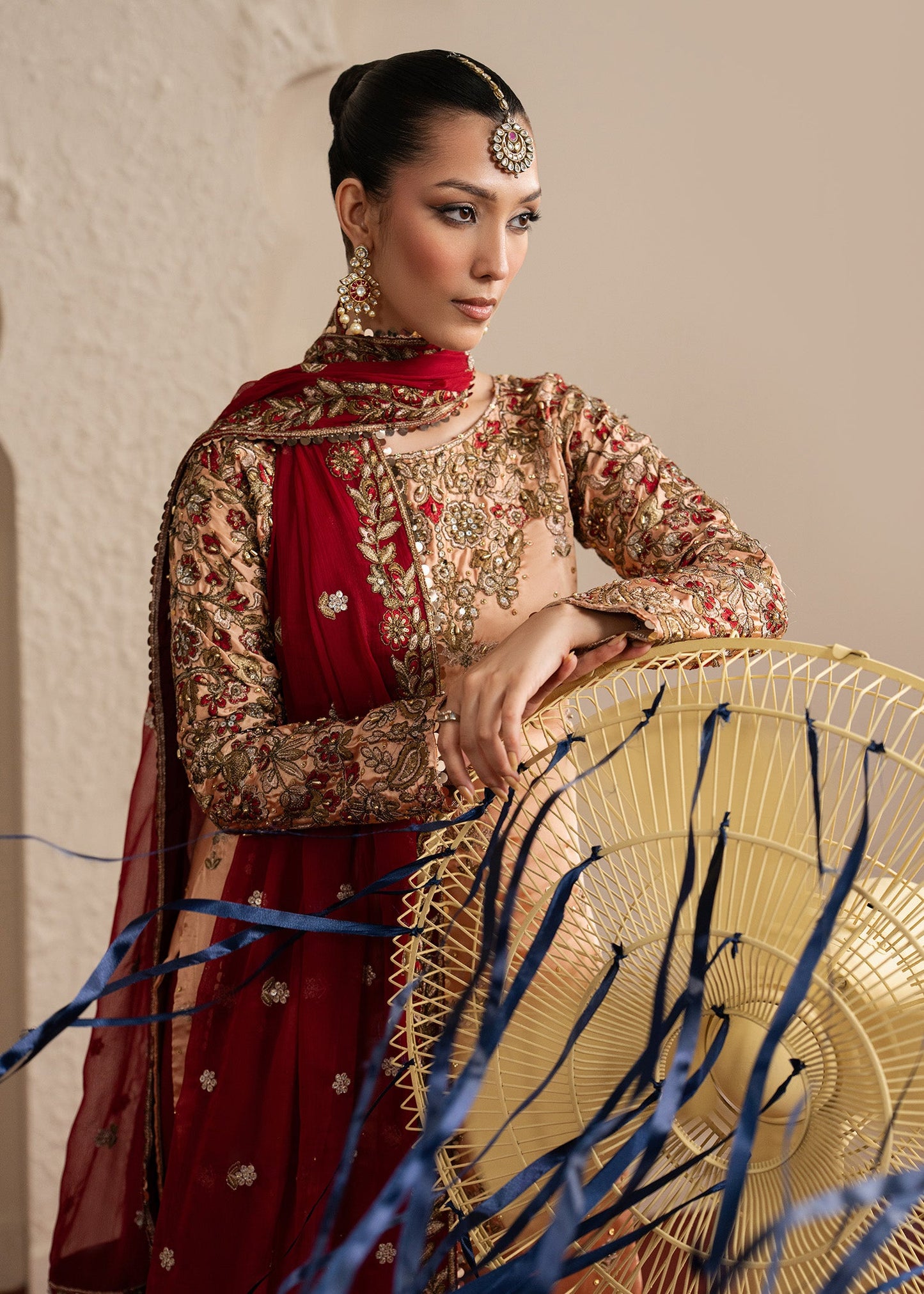 Ladies Embellished Peach Orange Chiffon Partywear Suit Online in UK USA Canada