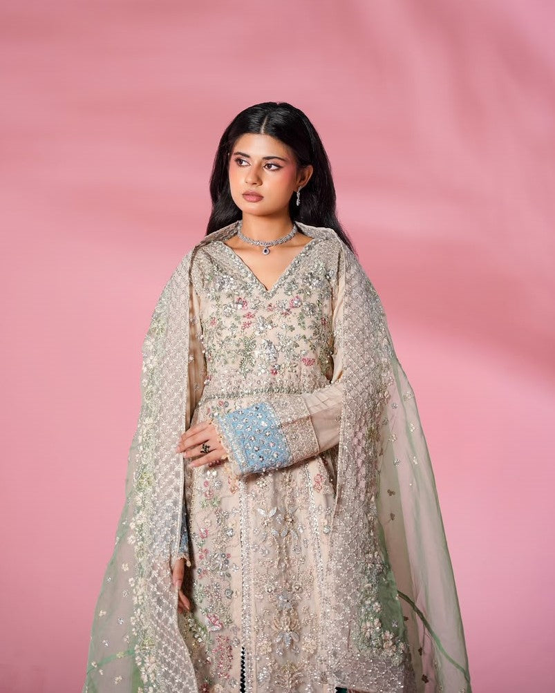 Ladies Embellished Peach Organza Dupatta Suit Online in UK USA Canada