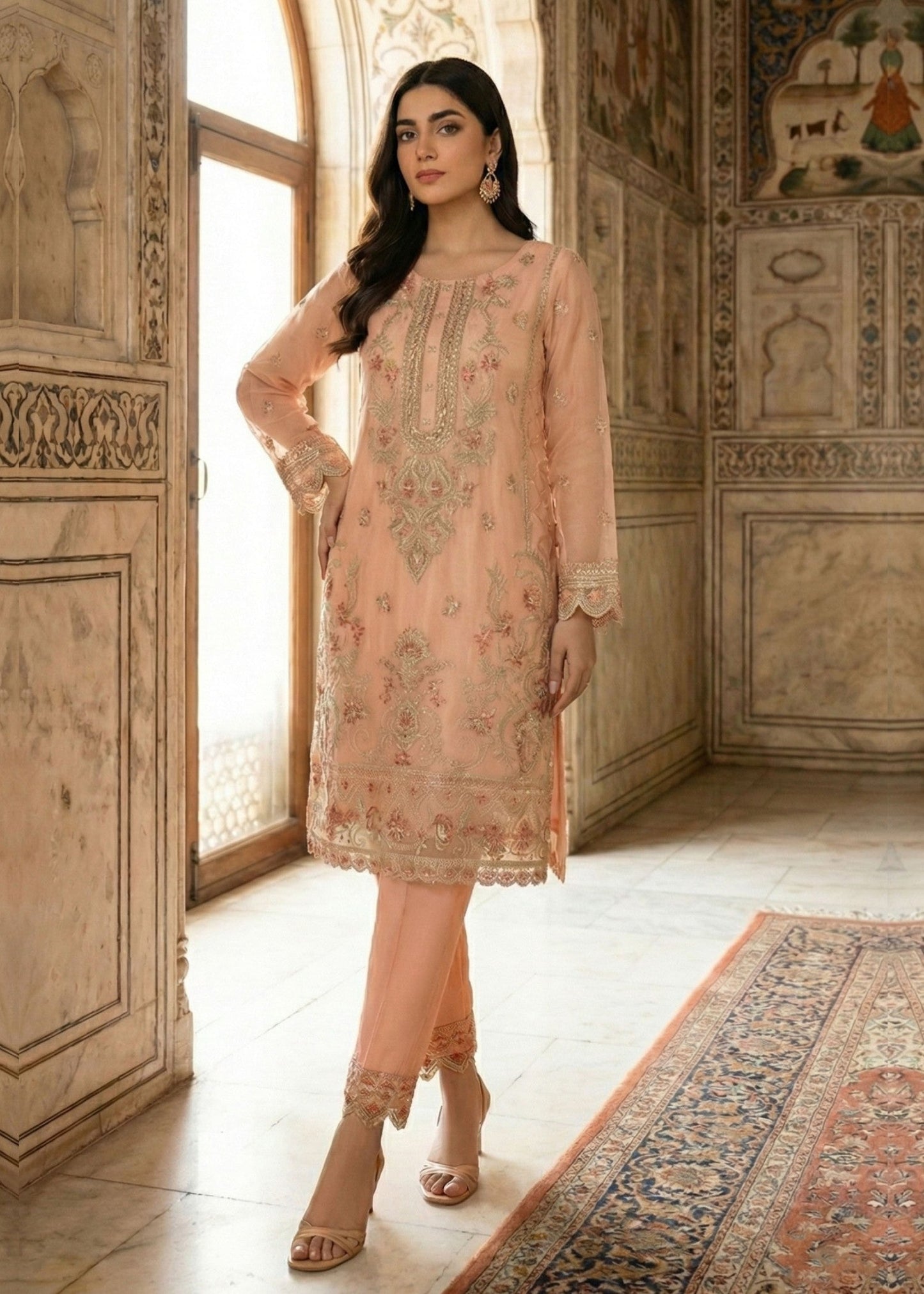 Ladies Embellished Peach Organza Shalwar Kameez Online in UK USA Canada