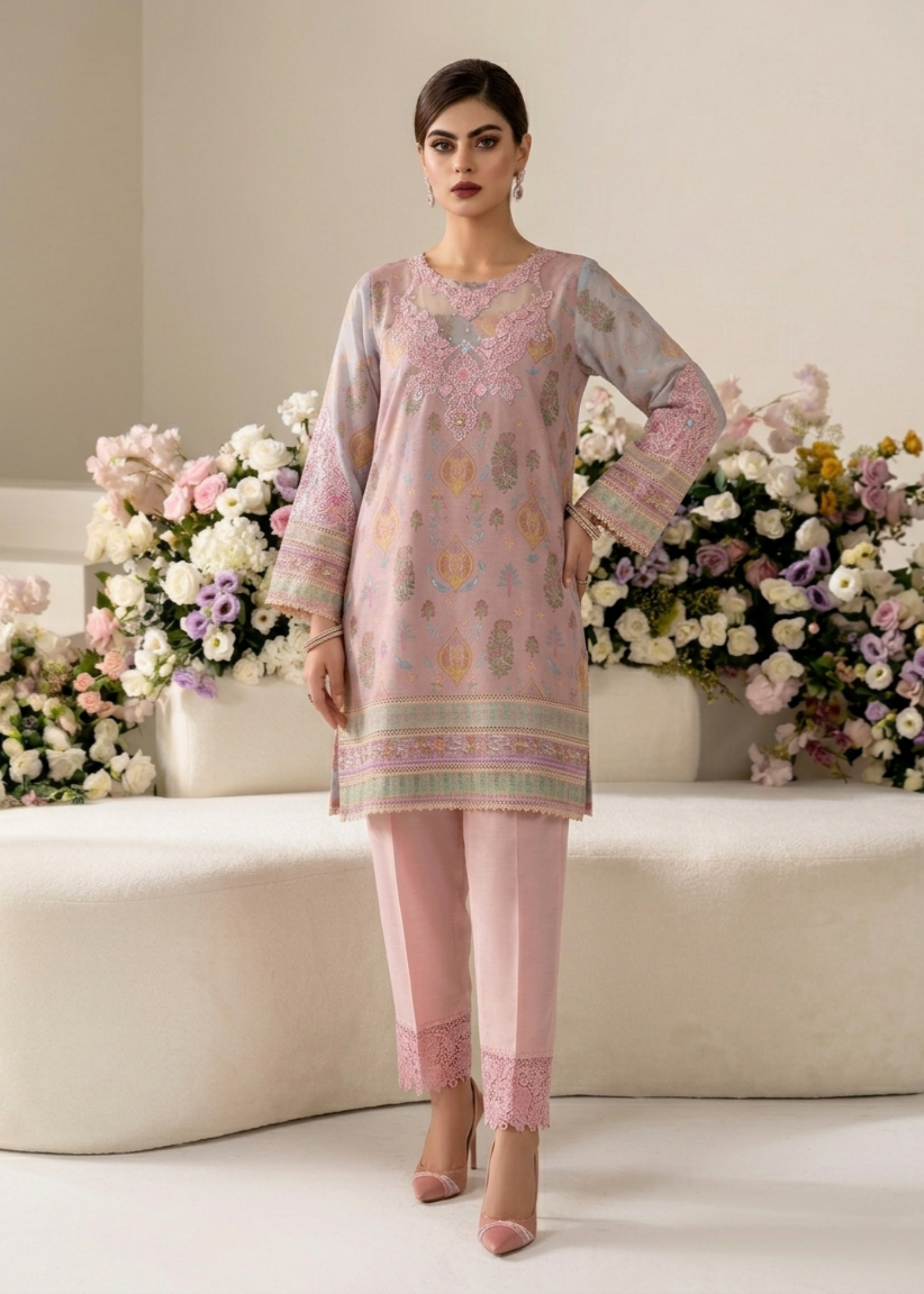 Ladies Embellished Peach Pink Farshi Shalwar Online in UK USA Canada