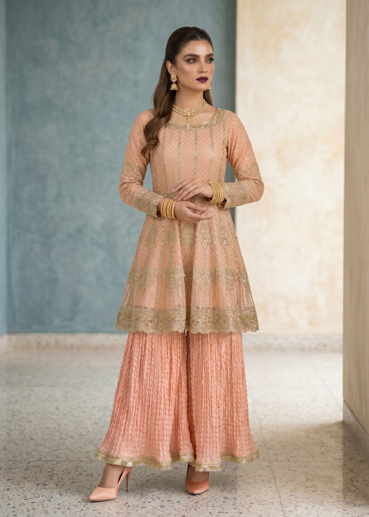 Ladies Embellished Peach Pink Organza Salwar Kameez Online in UK USA Canada