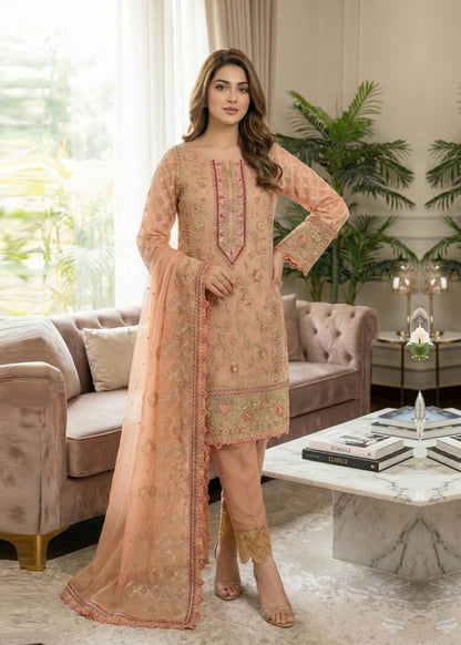Ladies Embellished Peach Pink Organza Shalwar Kameez Online in UK USA Canada