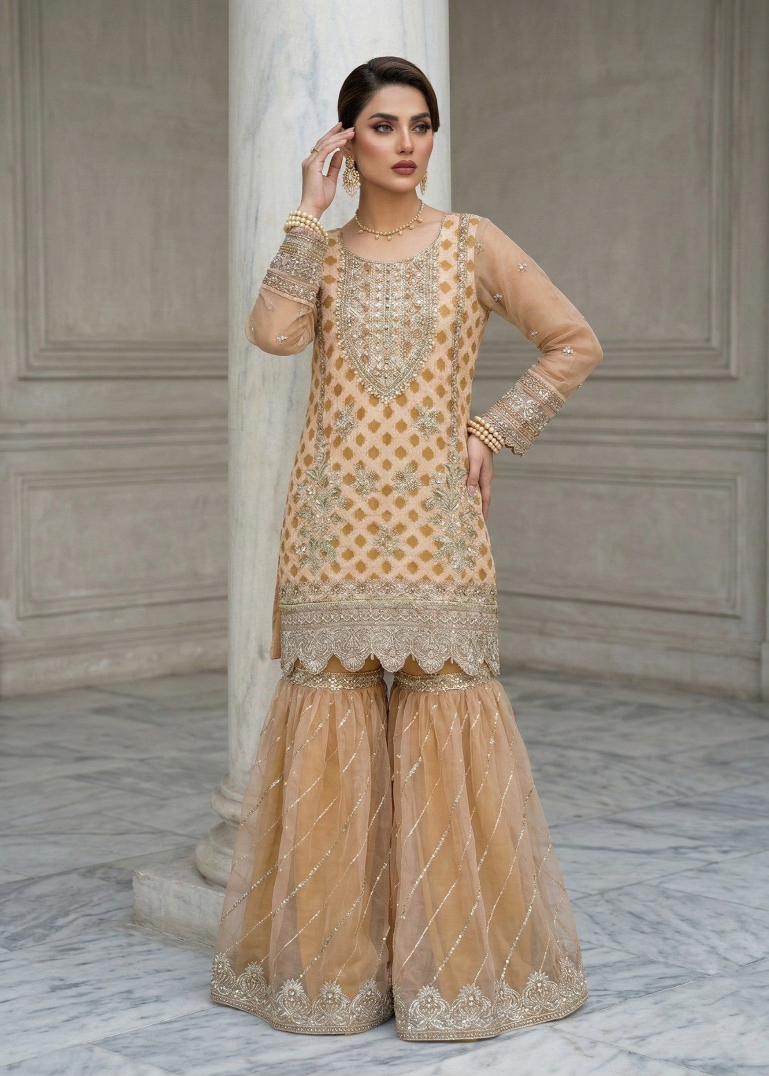 Ladies Embellished Peach Pink Shalwar Kameez Online in UK USA Canada