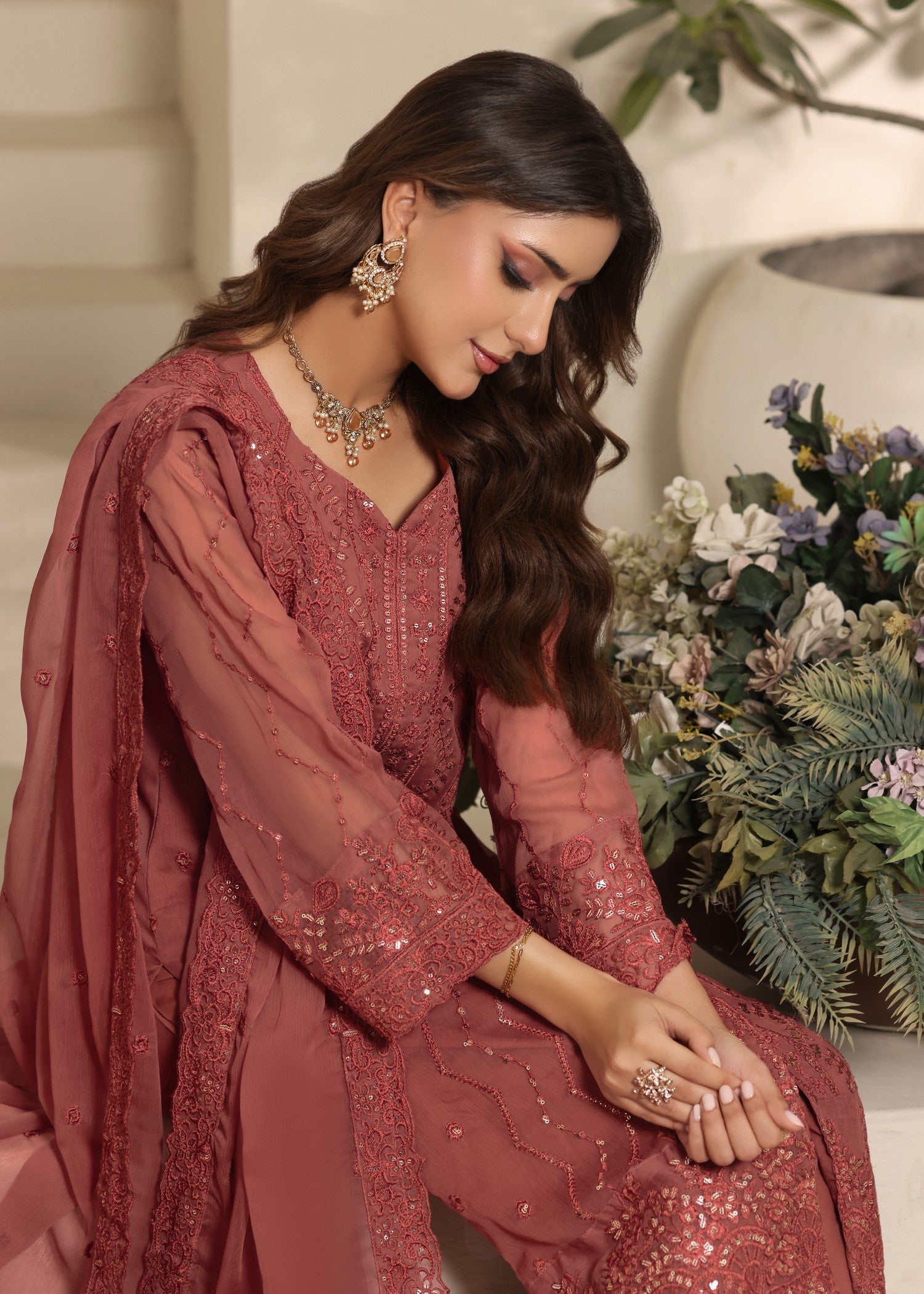 Ladies Embellished Peach Pink Shalwar Kameez Online in UK USA Canada