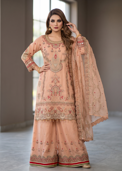 Ladies Embellished Peach Pink Sharara Gharara Online in UK USA Canada