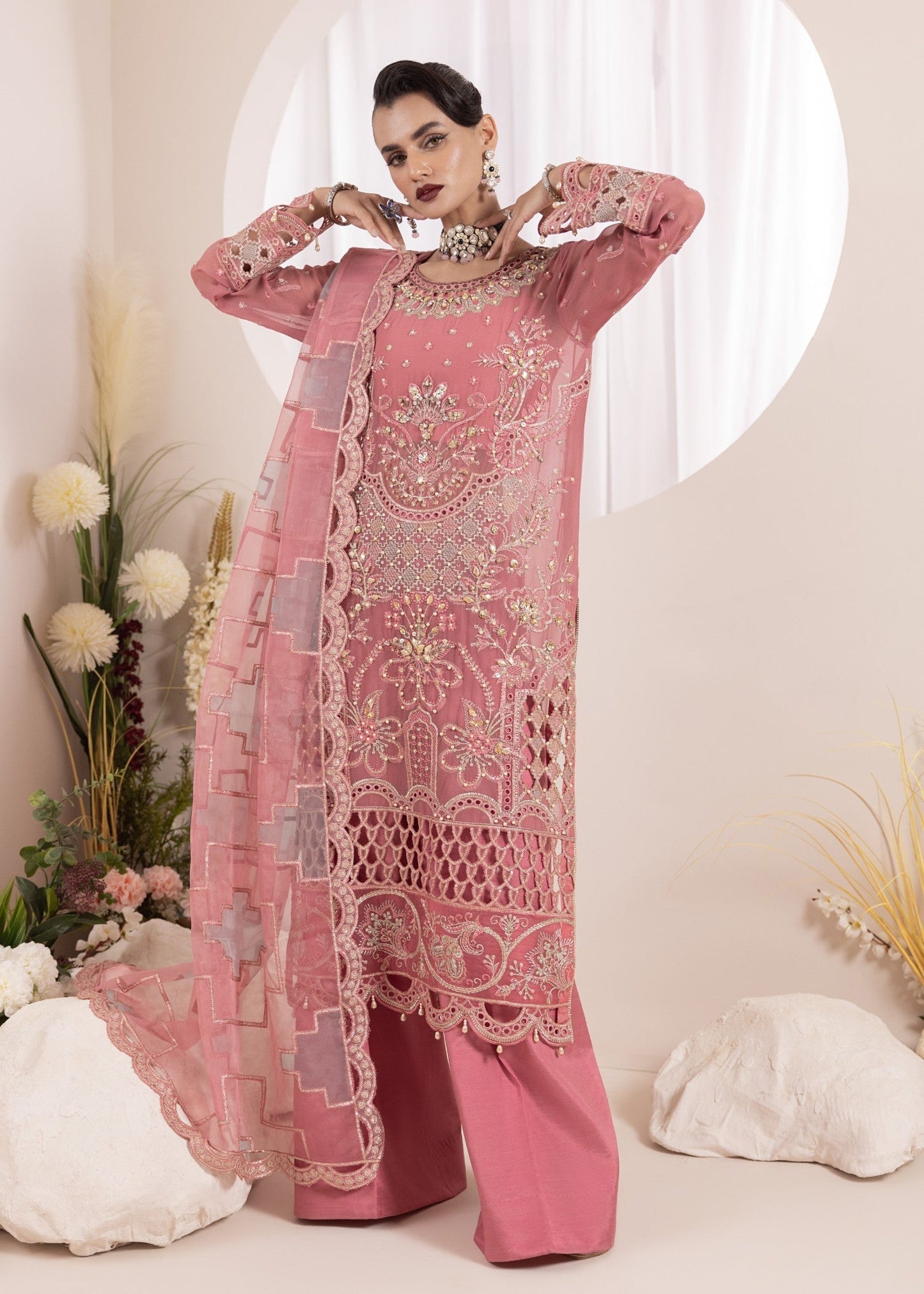 Ladies Embellished Pink Chiffon Salwar Kameez Online in UK USA Canada