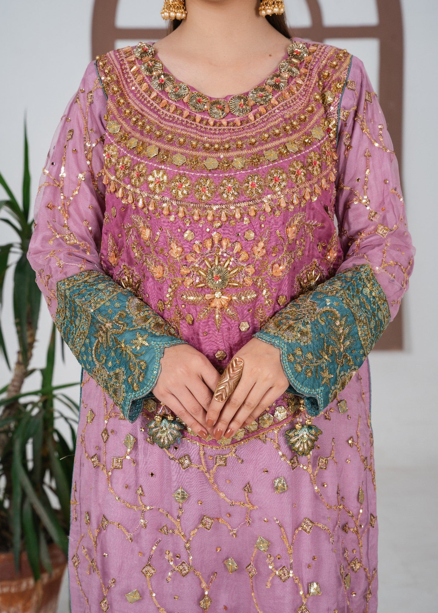 Ladies Embellished Pink Net Wedding Outfit Online in UK USA Canada