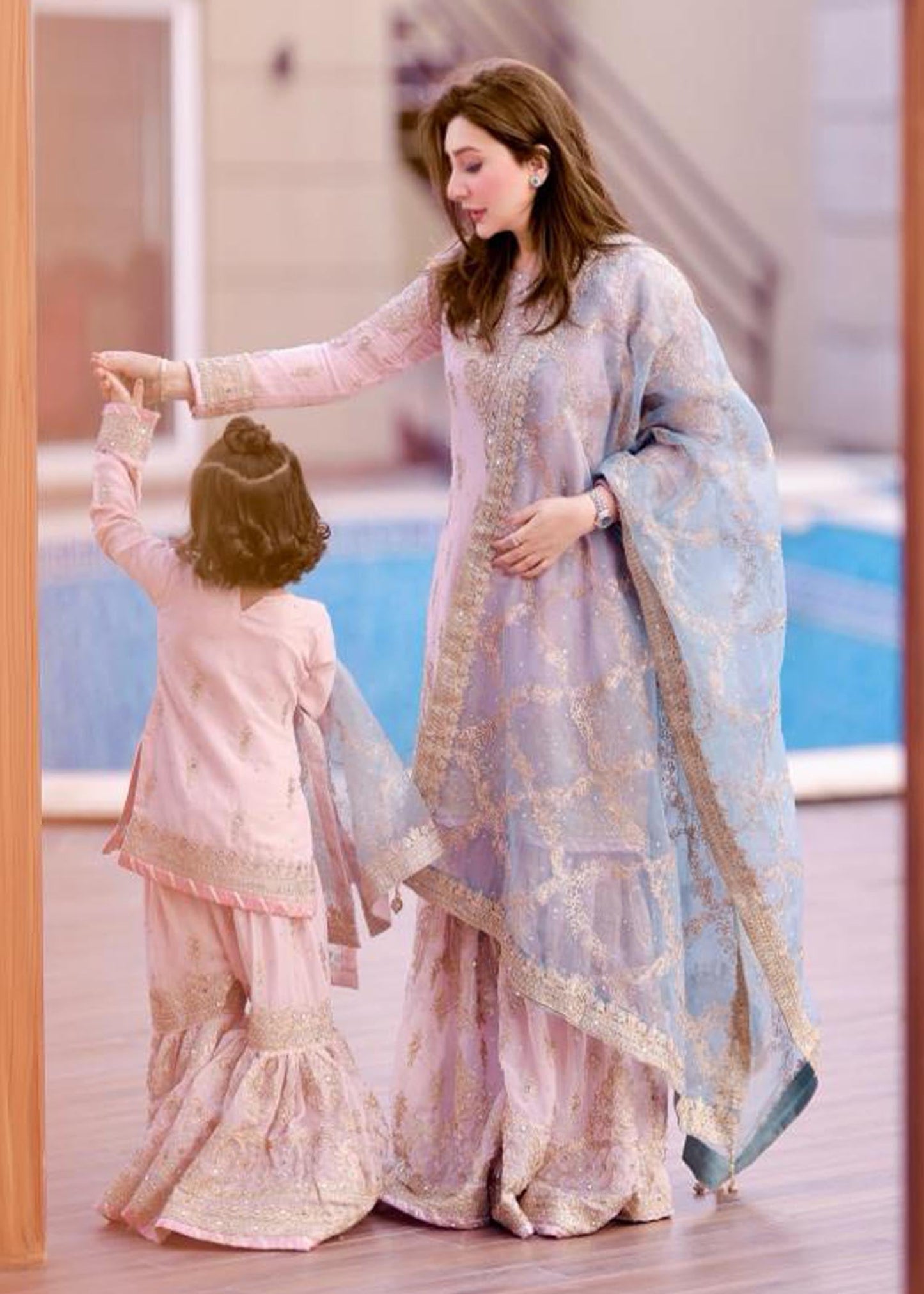 Ladies Embellished Pink Organza Sharara Suit Online in UK USA Canada
