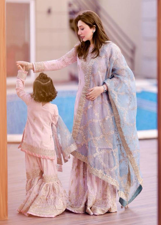 Ladies Embellished Pink Organza Sharara Suit Online in UK USA Canada