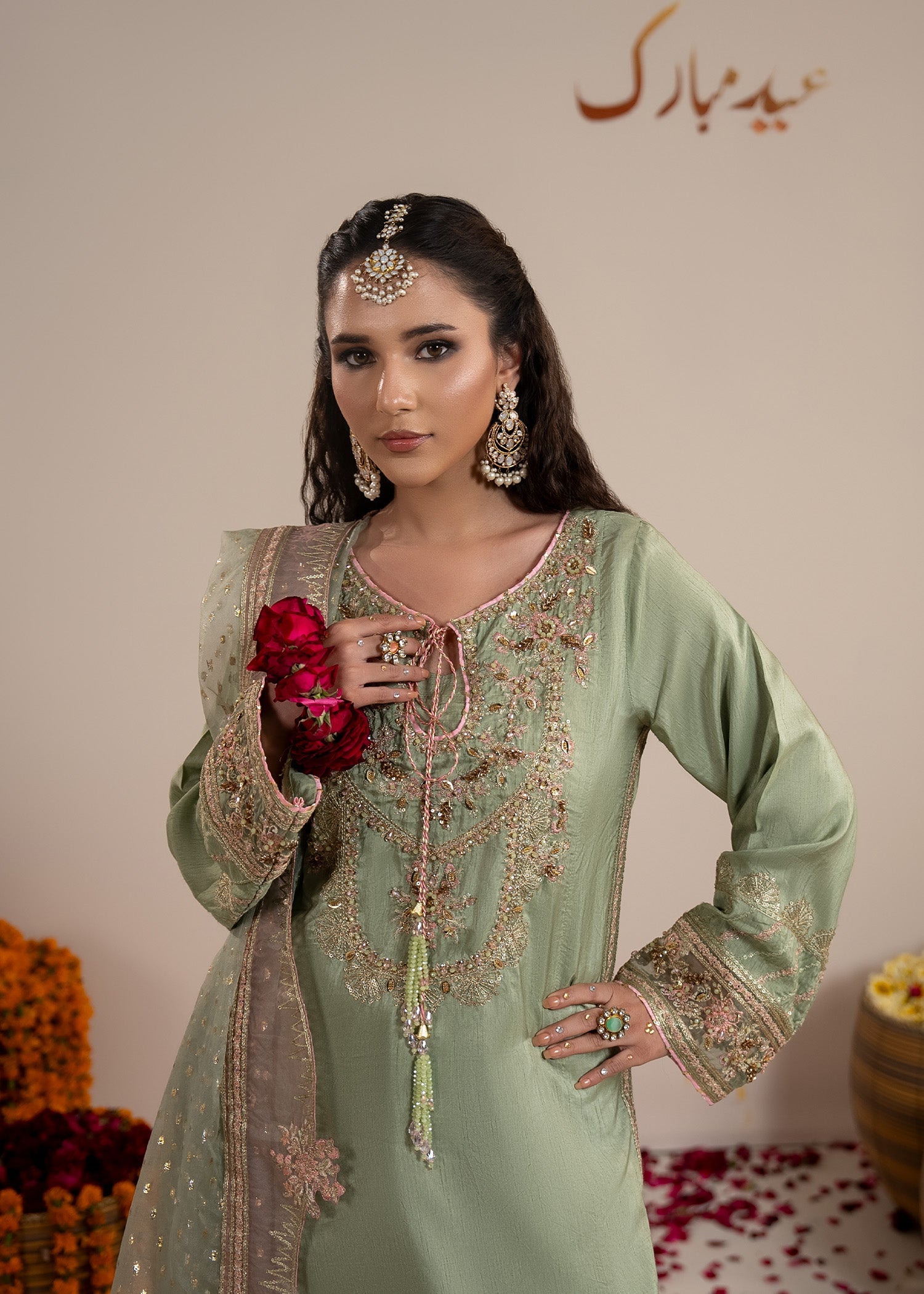 Ladies Embellished Pistachio Green Farshi Shalwar Online in UK USA Canada
