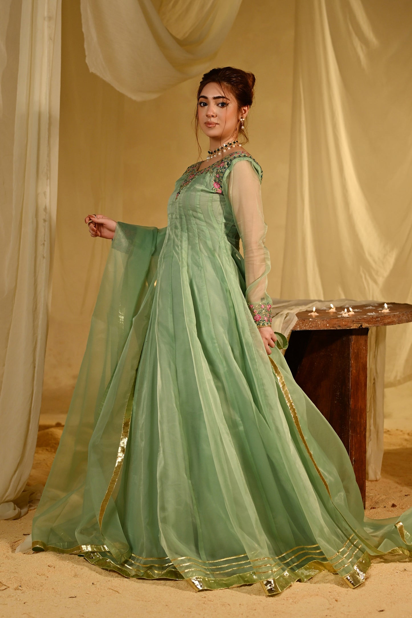 Ladies Embellished Pistachio Green Organza Kurta Set Online in UK USA Canada