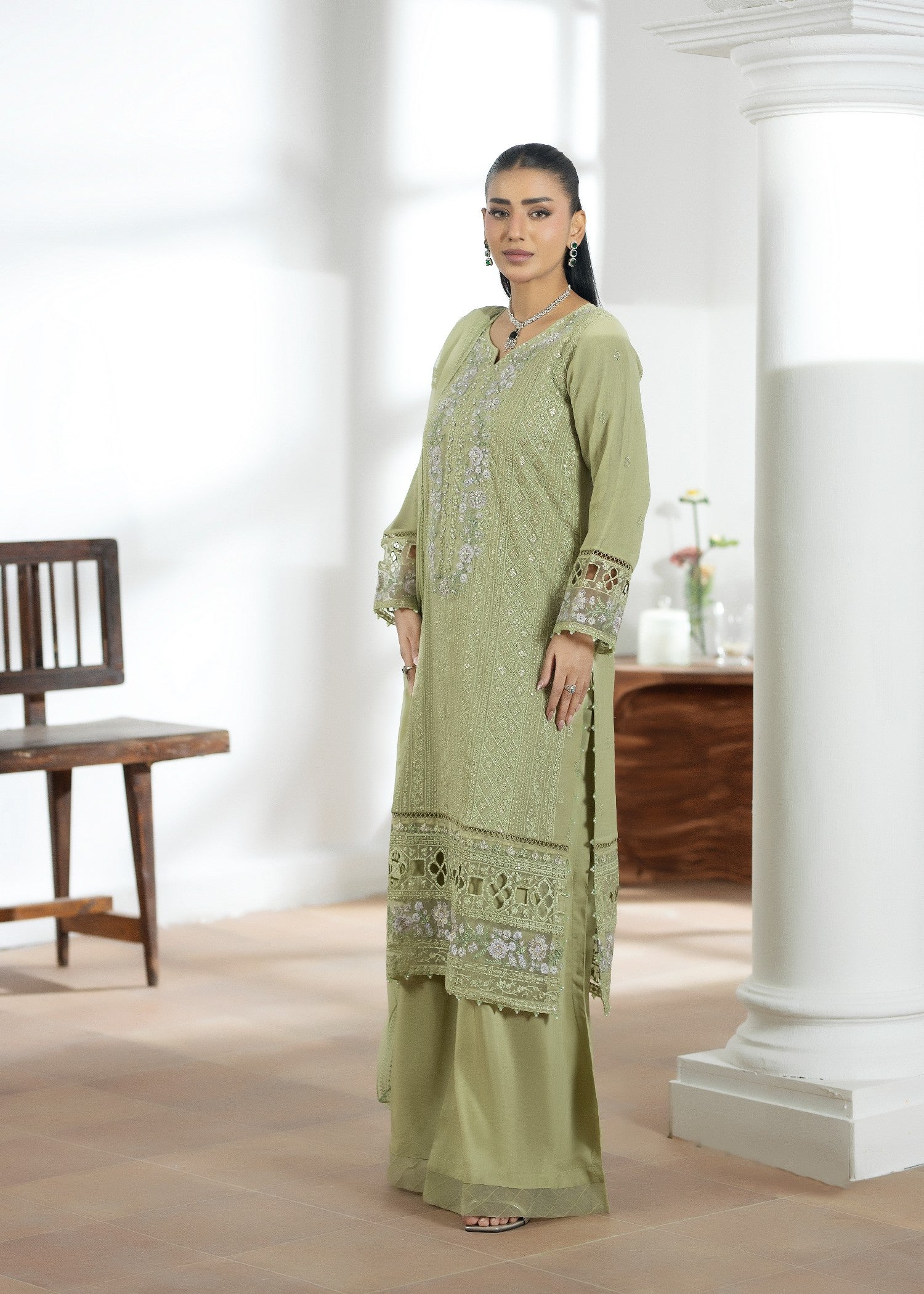 Ladies Embellished Pistachio Green Shalwar Kameez Online in UK USA Canada