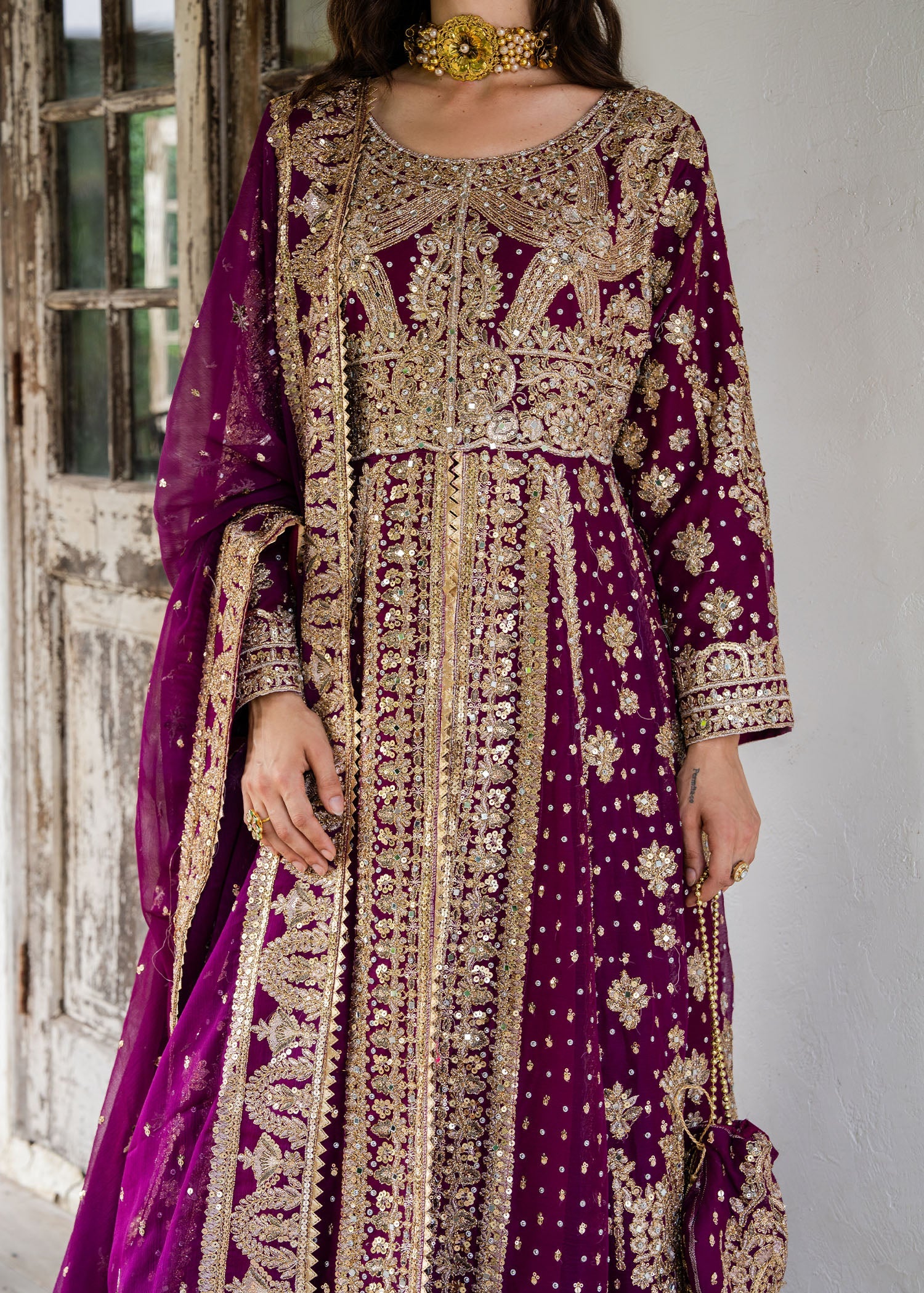 Ladies Embellished Plum Chiffon Partywear Suit Online in UK USA Canada