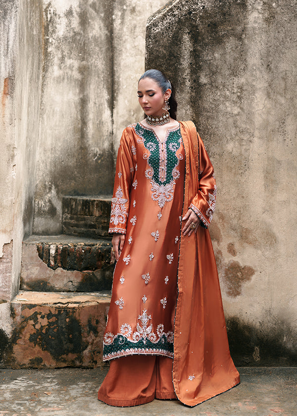 Ladies Embellished Pumpkin Orange Silk Shalwar Kameez Online in UK USA Canada