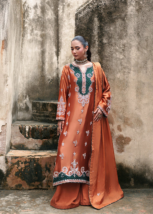 Ladies Embellished Pumpkin Orange Silk Shalwar Kameez Online in UK USA Canada