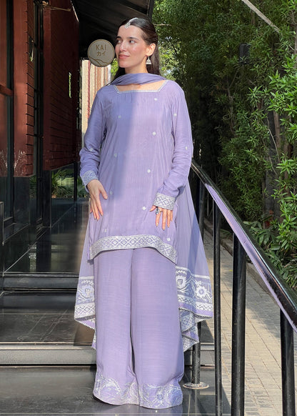 Ladies Embellished Purple Ash Chiffon Dupatta Suit Online in UK USA Canada