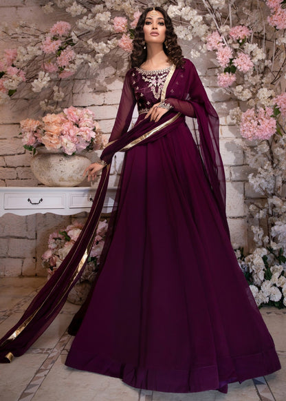 Ladies Embellished Purple Burgundy Chiffon Salwar Kameez Online in UK USA Canada