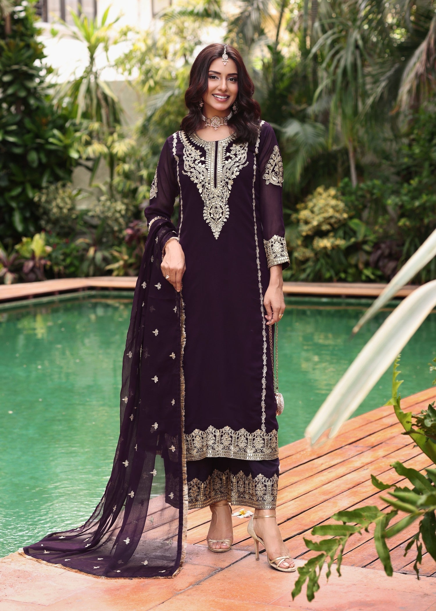 Ladies Embellished Purple Chiffon Kurta Set Online in UK USA Canada