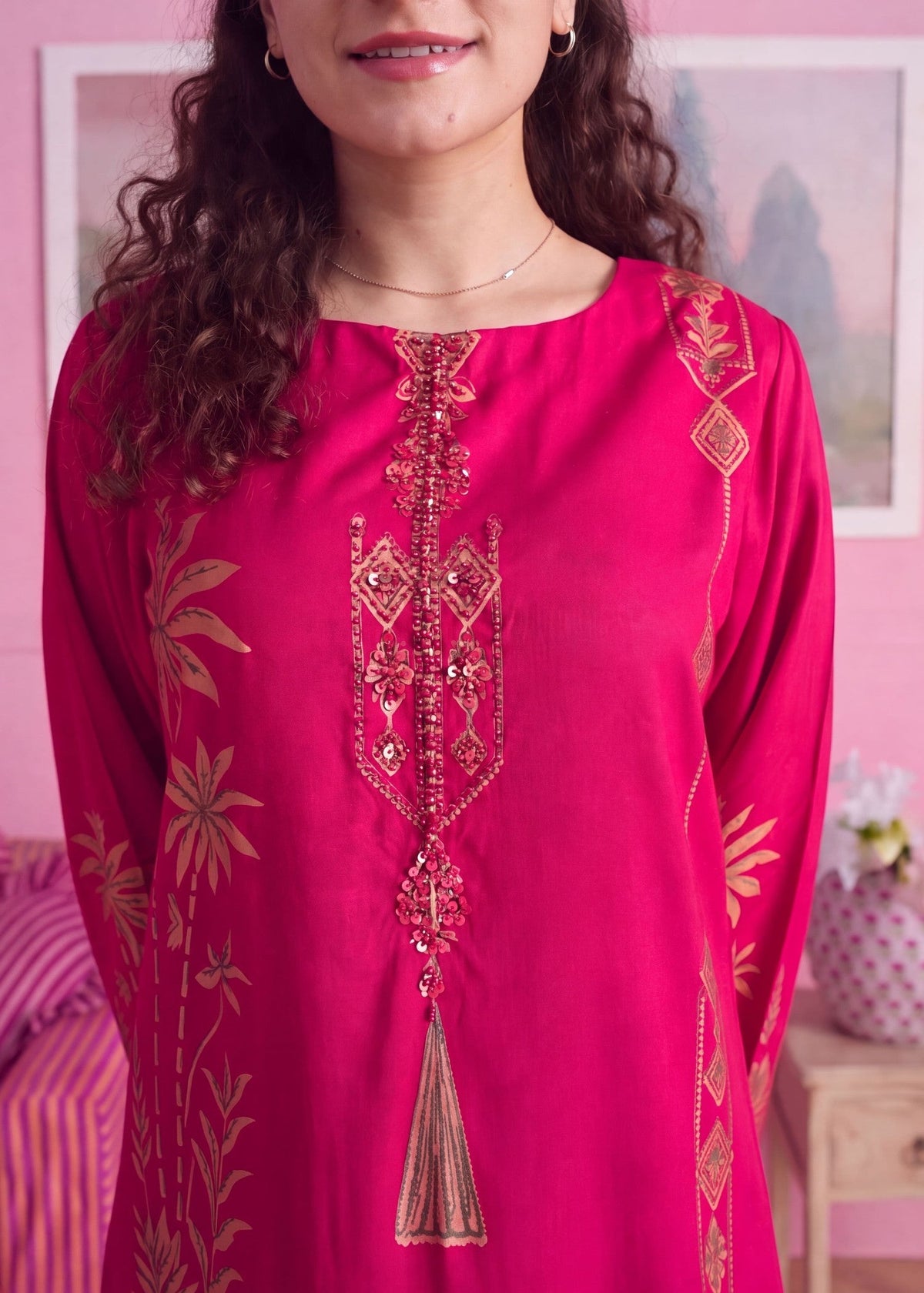 Ladies Embellished Raspberry Pink Linen Kaftan Online in UK USA Canada
