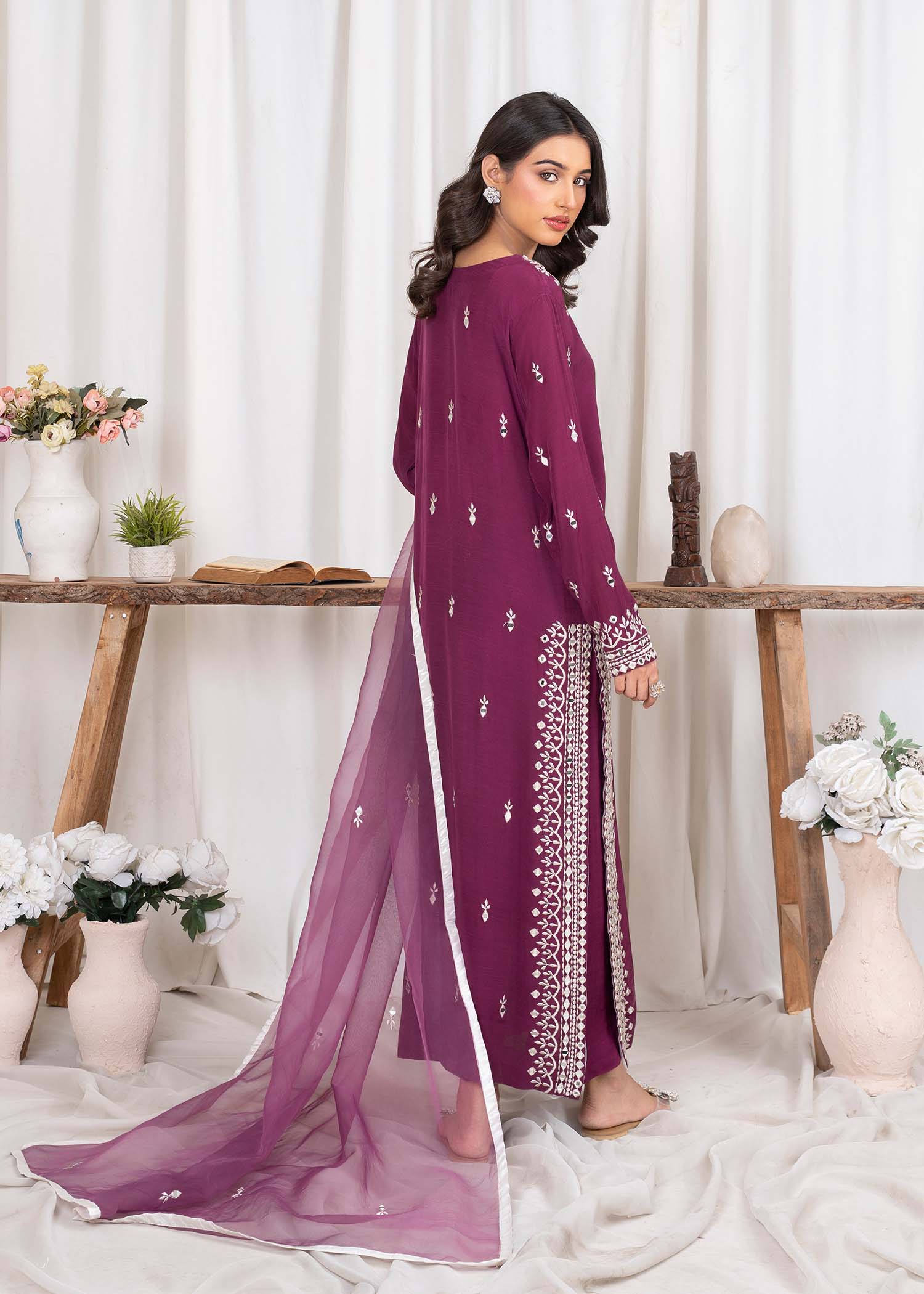 Ladies Embellished Raw Silk Kurta with Organza Dupatta Online in UK USA Canada
