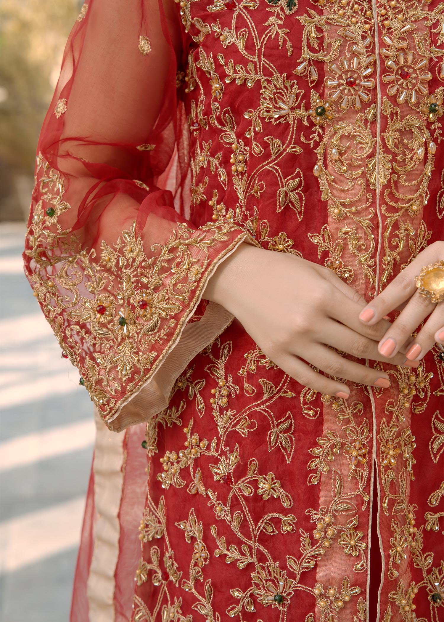 Ladies Embellished Red Organza Shalwar Kameez Online in UK USA Canada