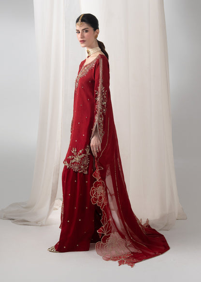 Ladies Embellished Red Raw Silk Shalwar Kameez Online in UK USA Canada