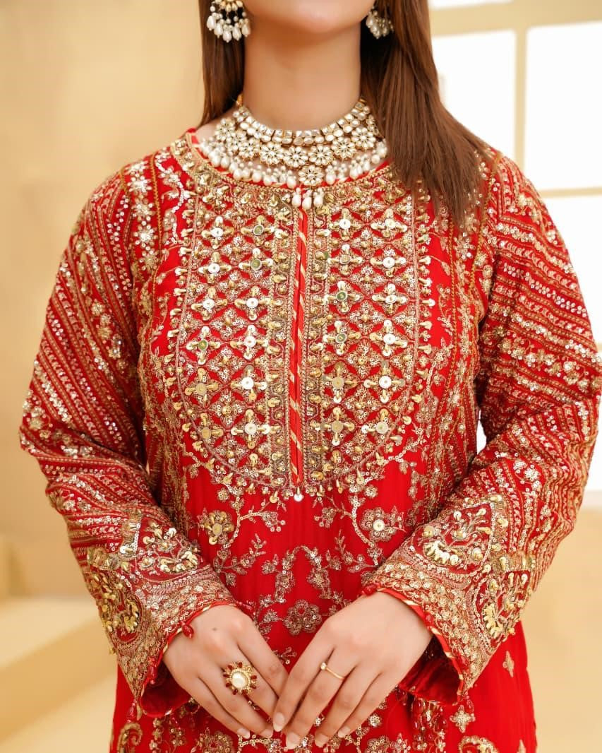 Ladies Embellished Red Sharara Suit Online in UK USA Canada