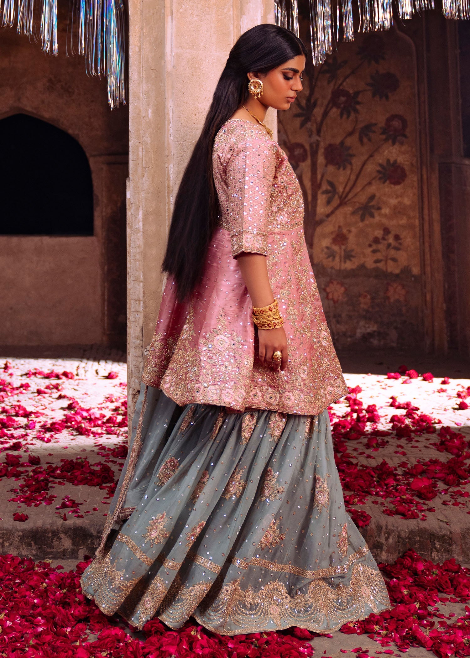 Ladies Embellished Rose Pink Flared Gharara Online in UK USA Canada