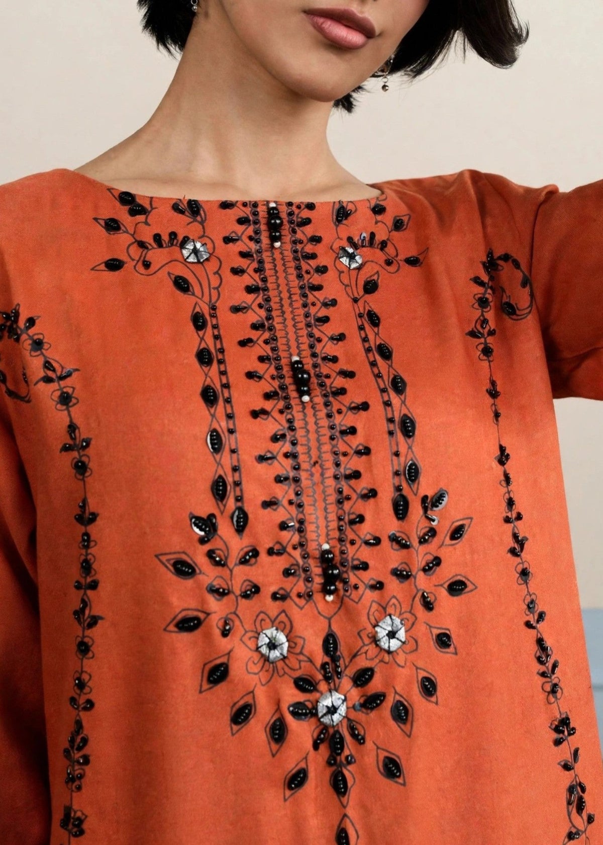 Ladies Embellished Rust Orange Dhanak Kaftan Online in UK USA Canada