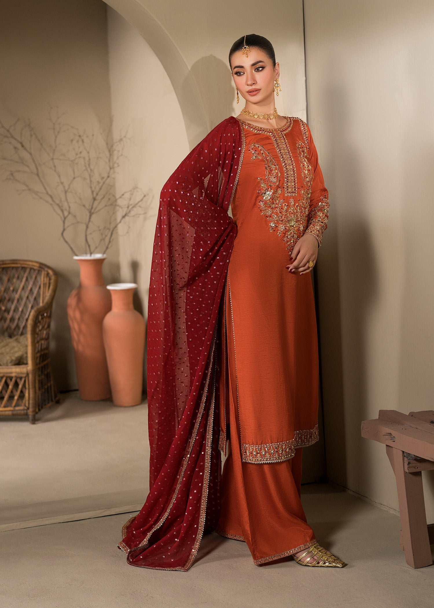 Ladies Embellished Rust Orange Silk Suit Online in UK USA Canada